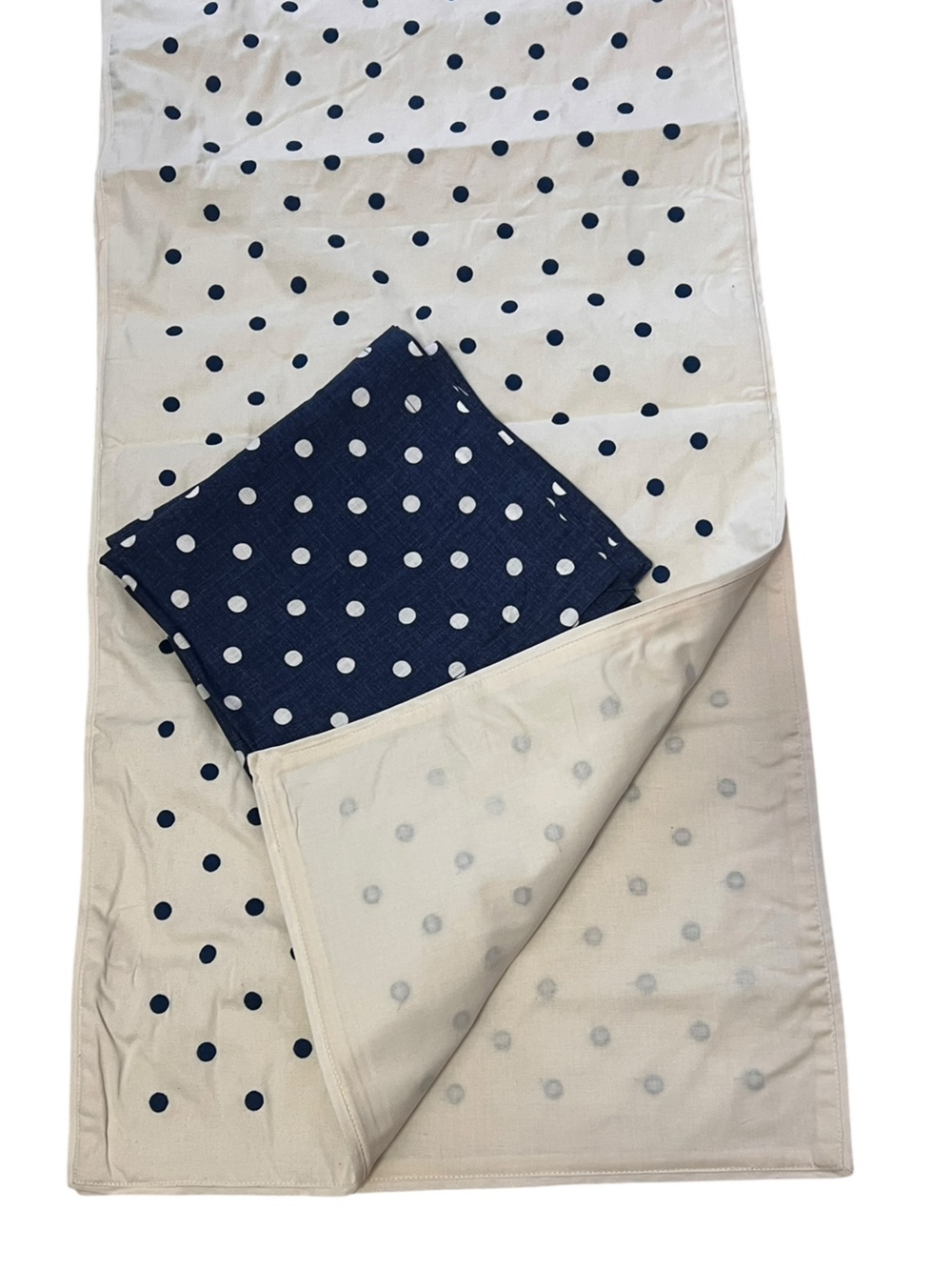 Pottery Barn Cream Blue Polka Dot Cotton Table Runner 108" X 18" & 2 Napkins